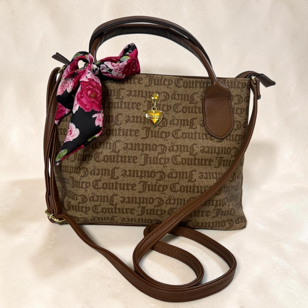 Juicy Couture Brown Script Monogram Satchel Crossbody Bag Scarf Heart Charm